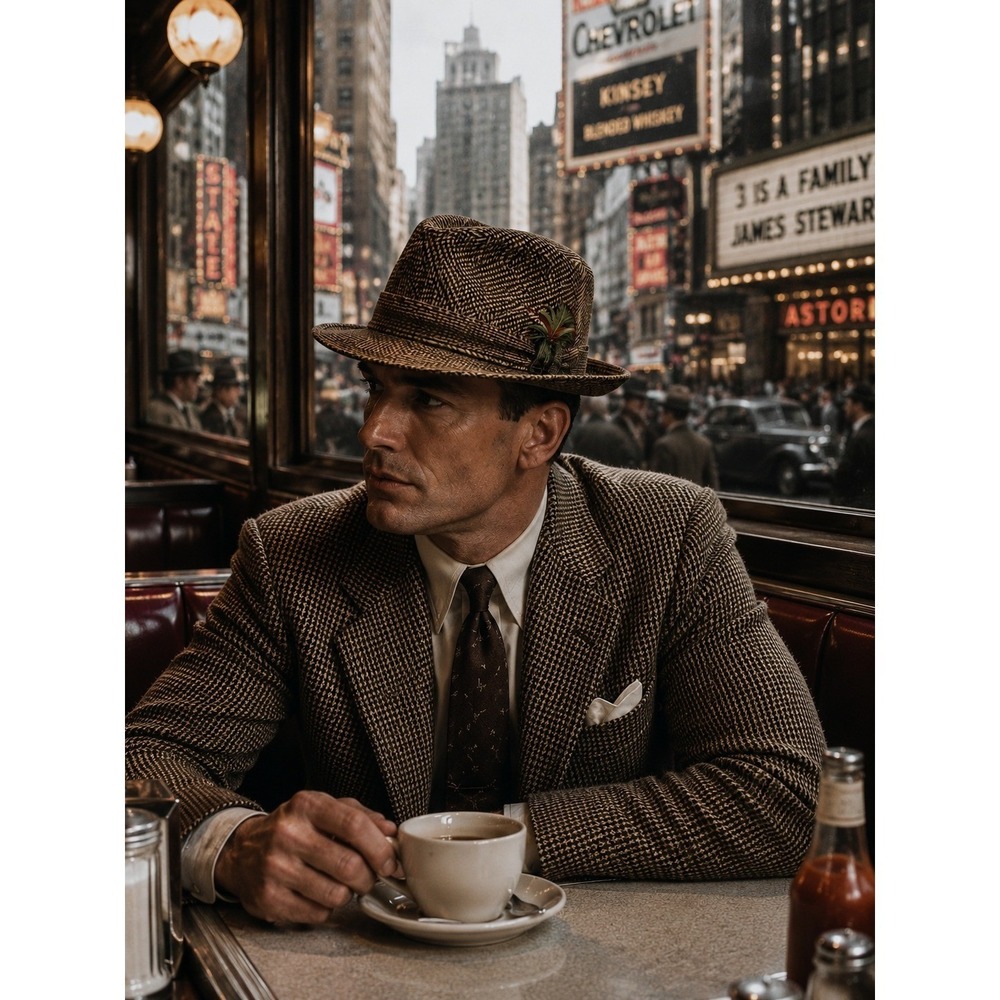 Vintage Brown Houndstooth Fedora Hat with Feather Size 7 3/8 (see measurements) - Picture 5 of 13